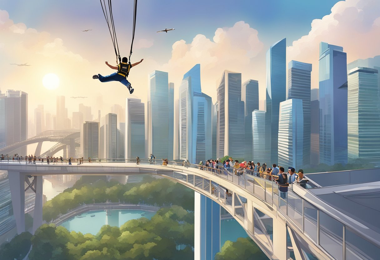 A person is bungee jumping off a tall platform in Singapore, with the city skyline in the background and a crowd of spectators watching from below
