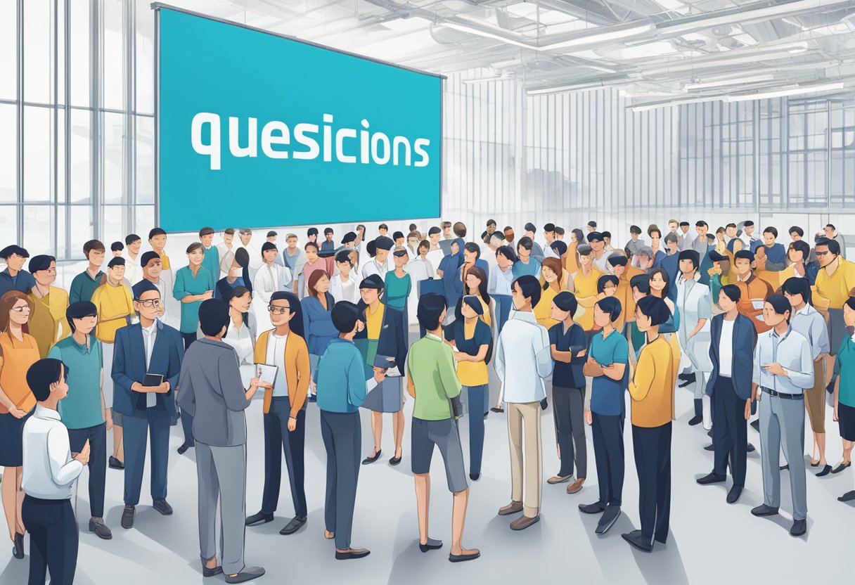 A group of people standing in front of a large banner that reads "Frequently Asked Questions" at the Siltronic Singapore facility