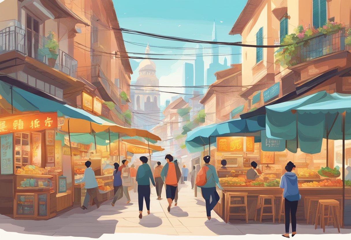 People walking past colorful food stalls, savoring the aroma of various cuisines. Brightly lit signs advertise local delicacies amidst a bustling atmosphere