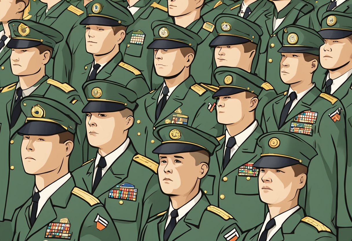 Soldiers in uniform standing in formation, with various insignias denoting their ranks. Training and career development programs are visibly displayed