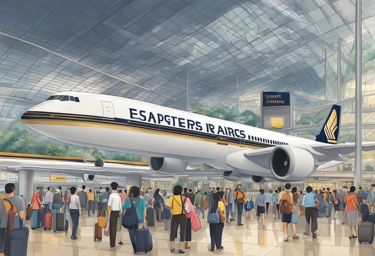 Passengers gather at Singapore Airlines terminal in Changi, seeking information. Signs and staff assist. Busy atmosphere