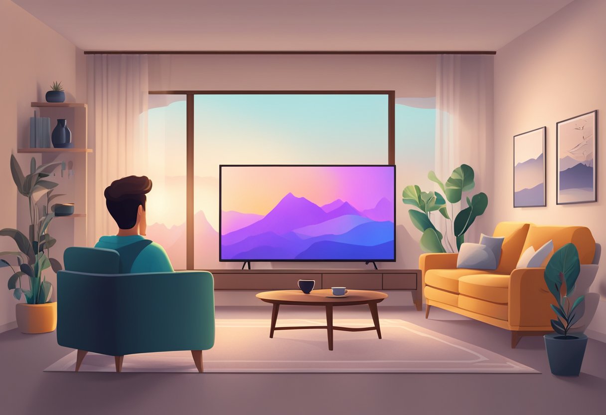 A cozy living room with a large TV screen streaming HBO Go content. A person sits comfortably on a couch, enjoying the immersive viewing experience