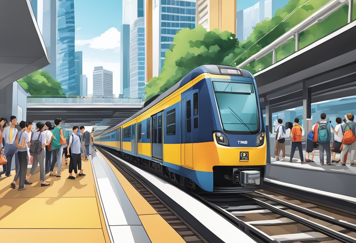 A train departing from KTMB station in Singapore, surrounded by bustling commuters and modern cityscape
