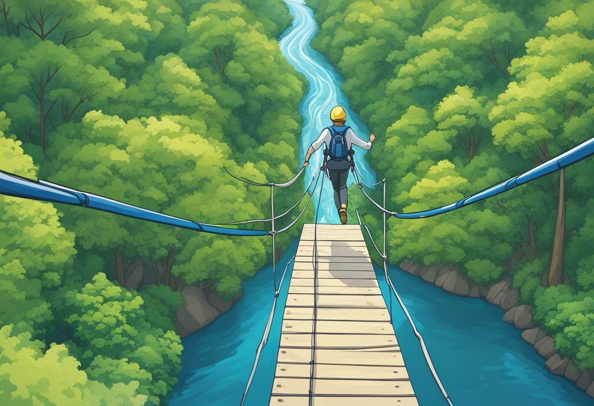 A person stands on a platform overlooking a lush green forest, with a deep blue river flowing below. The bungee cord is stretched and ready for the jump