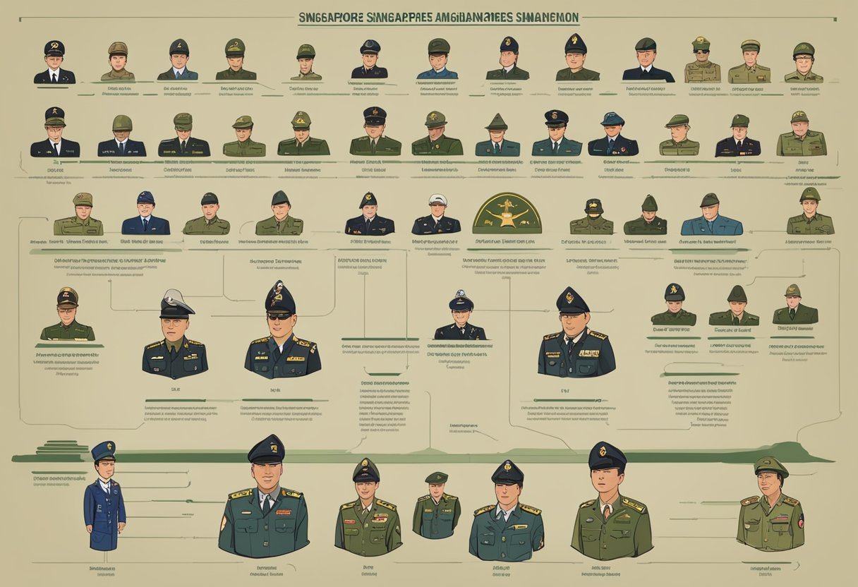 Various Singapore army ranks arranged in a clear hierarchy, with insignias and titles displayed prominently