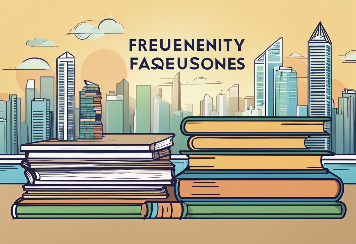 A stack of books with "Frequently Asked Questions" on the cover, set against the backdrop of the Singapore skyline