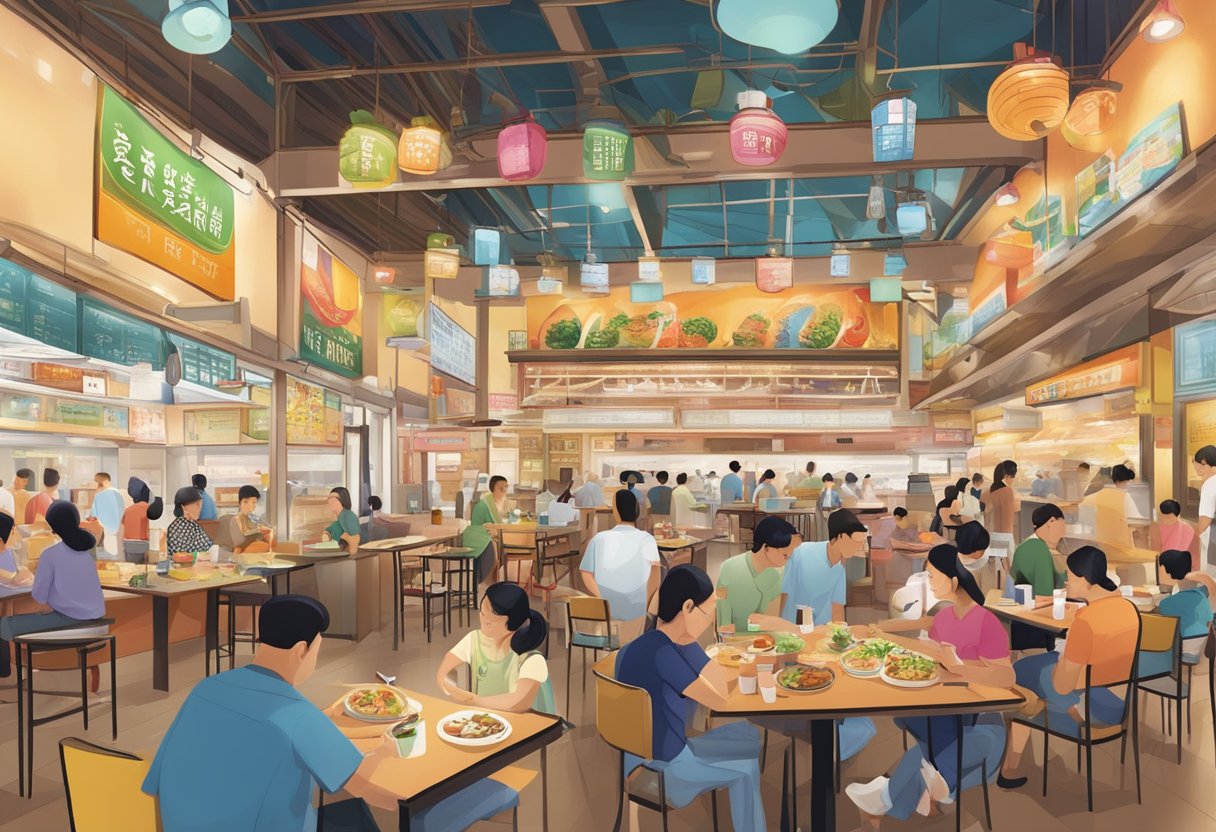 A bustling Singaporean food court with diverse food stalls, colorful signage, and communal seating, reflecting the cultural and social aspects of the local dining experience