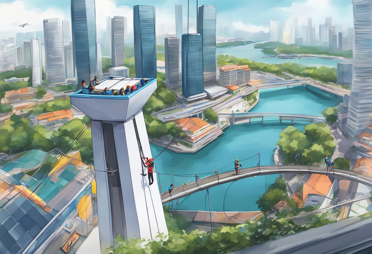 Bungee jumpers in Singapore ask questions at a kiosk, with a tall platform and city skyline in the background