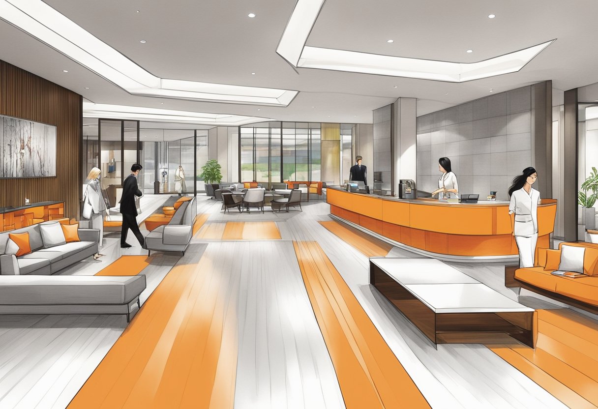 Guests stroll through the modern lobby of Hotel Jen Singapore, admiring the sleek design and vibrant atmosphere. The hotel's signature orange accents pop against the contemporary furnishings, creating a welcoming and stylish ambiance