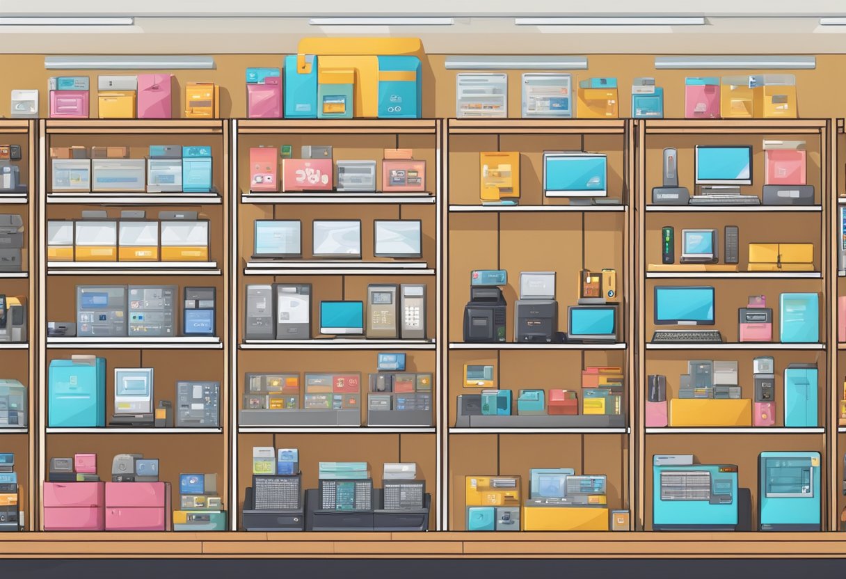 An electronic store in Singapore with shelves filled with gadgets, a customer service desk, and a display of frequently asked questions for customers