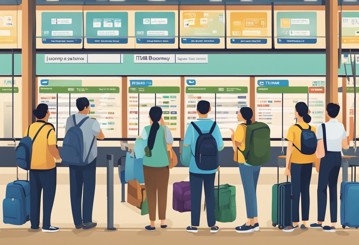 Passengers at a train station, looking at a departure board and consulting their tickets for the KTMB journey from Singapore