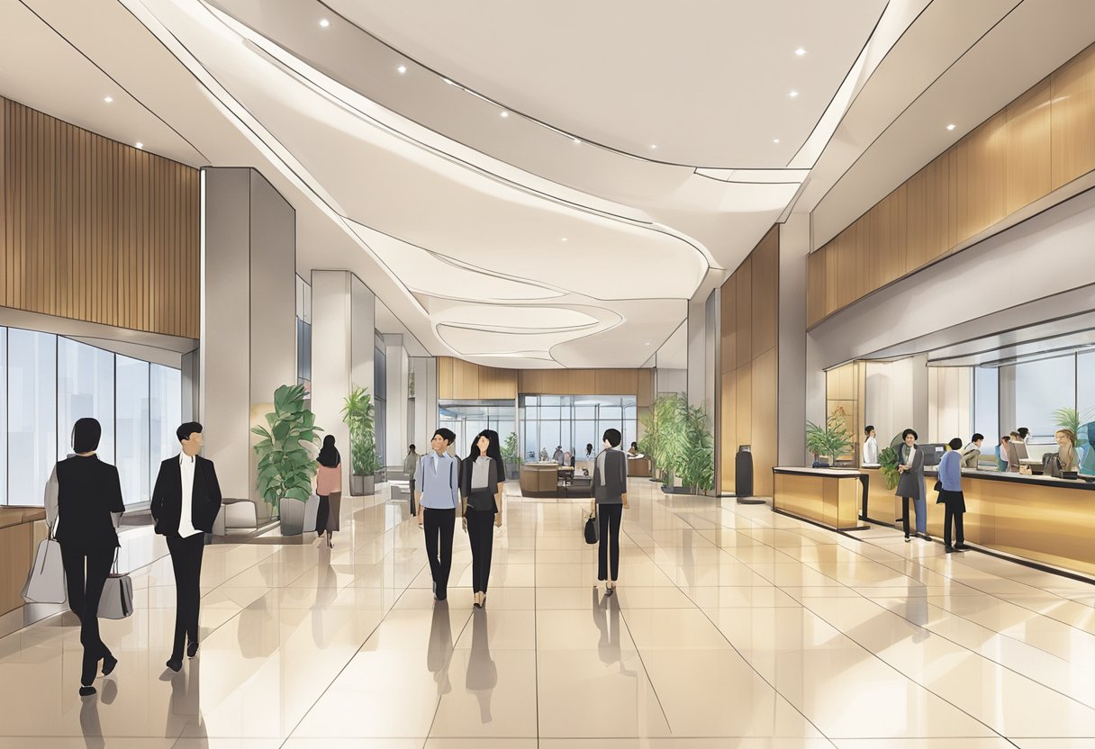 Hotel Jen Singapore's lobby bustles with guests seeking information from the Frequently Asked Questions board. The sleek, modern design of the space reflects the hotel's contemporary vibe