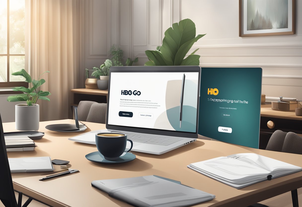 A laptop with the HBO Go Singapore homepage displayed on the screen, surrounded by a cozy living room setting with a cup of coffee on the table