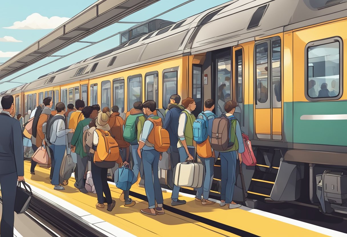 Passengers boarding a train at a bustling station, with luggage in hand and the platform filled with anticipation and excitement for the journey ahead
