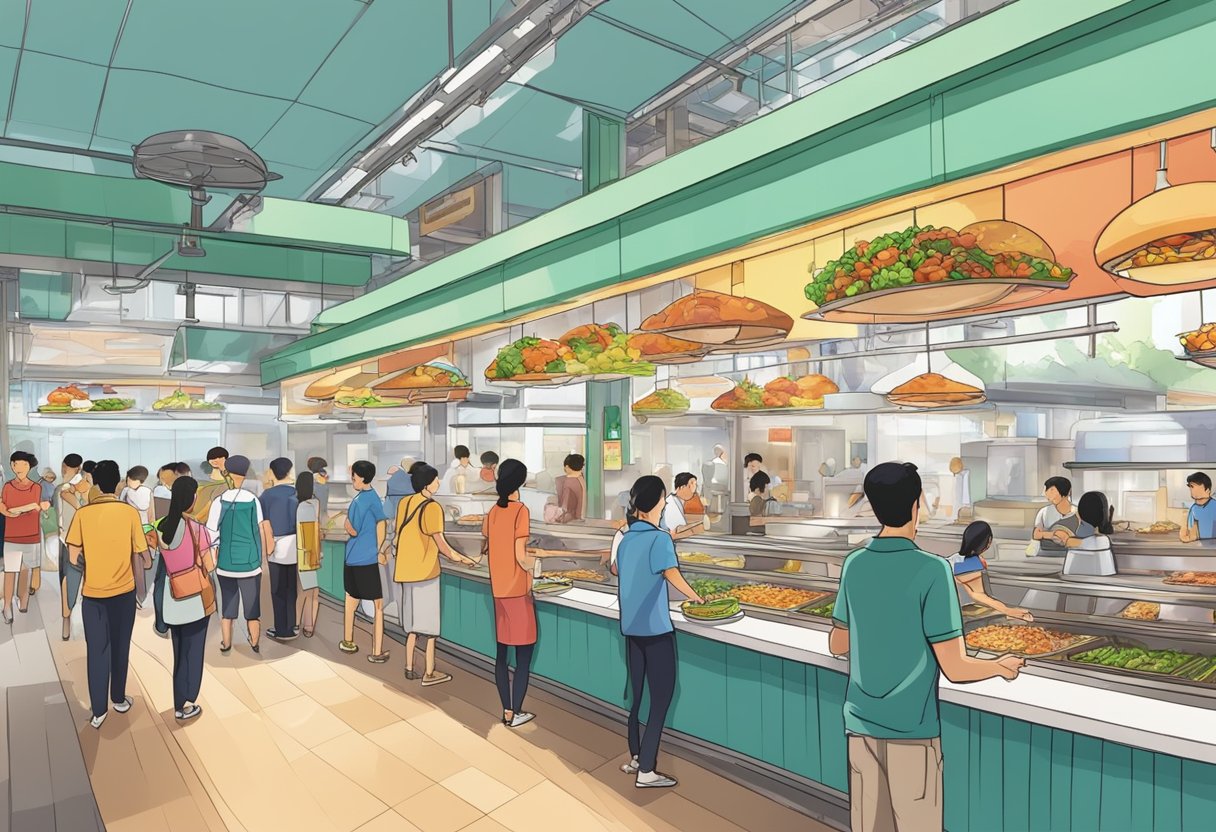 A bustling food court in Singapore, with colorful stalls and diverse cuisines. Customers line up at different counters, while the aroma of sizzling dishes fills the air