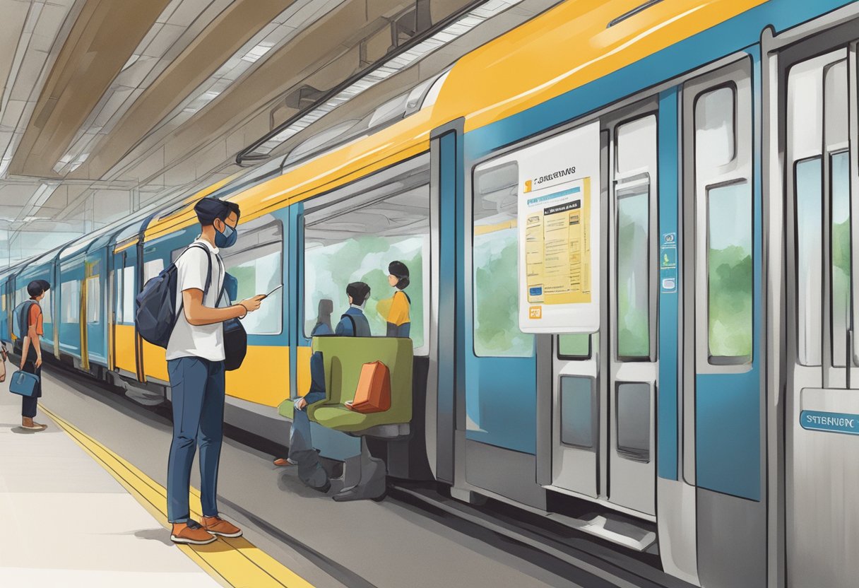A person at a train station in Singapore, looking at a sign that reads "Frequently Asked Questions KTMB Singapore."