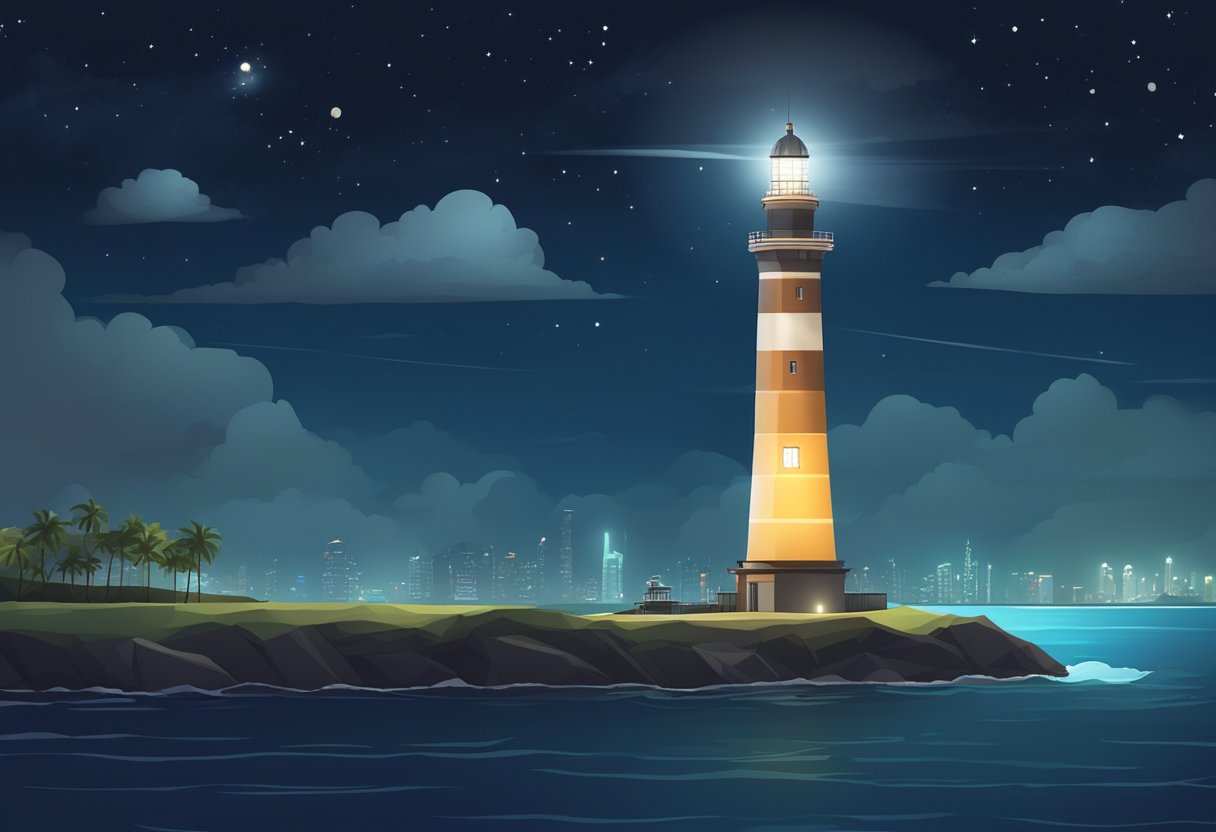 A tall lighthouse stands on the coast of Singapore, its bright beacon cutting through the dark night sky, guiding ships safely to shore