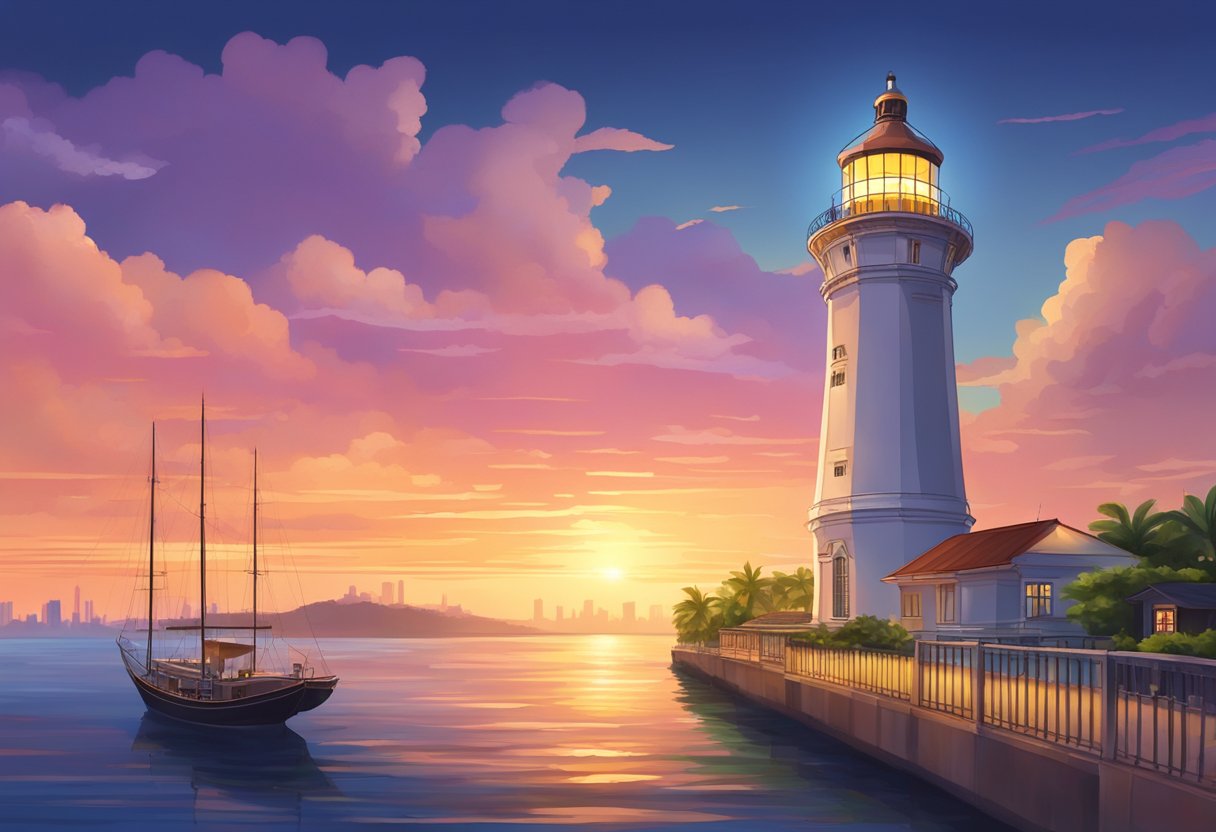 A historic lighthouse stands tall against a colorful sunset sky, overlooking the bustling port of Singapore, symbolizing safety and guidance for maritime travelers