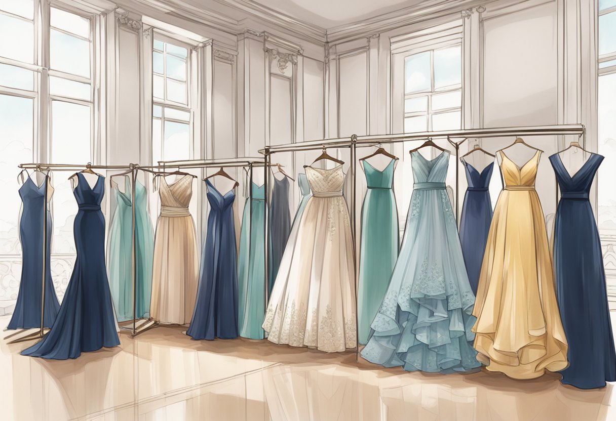 A rack of elegant gowns in various styles and colors, displayed in a well-lit boutique setting in Singapore