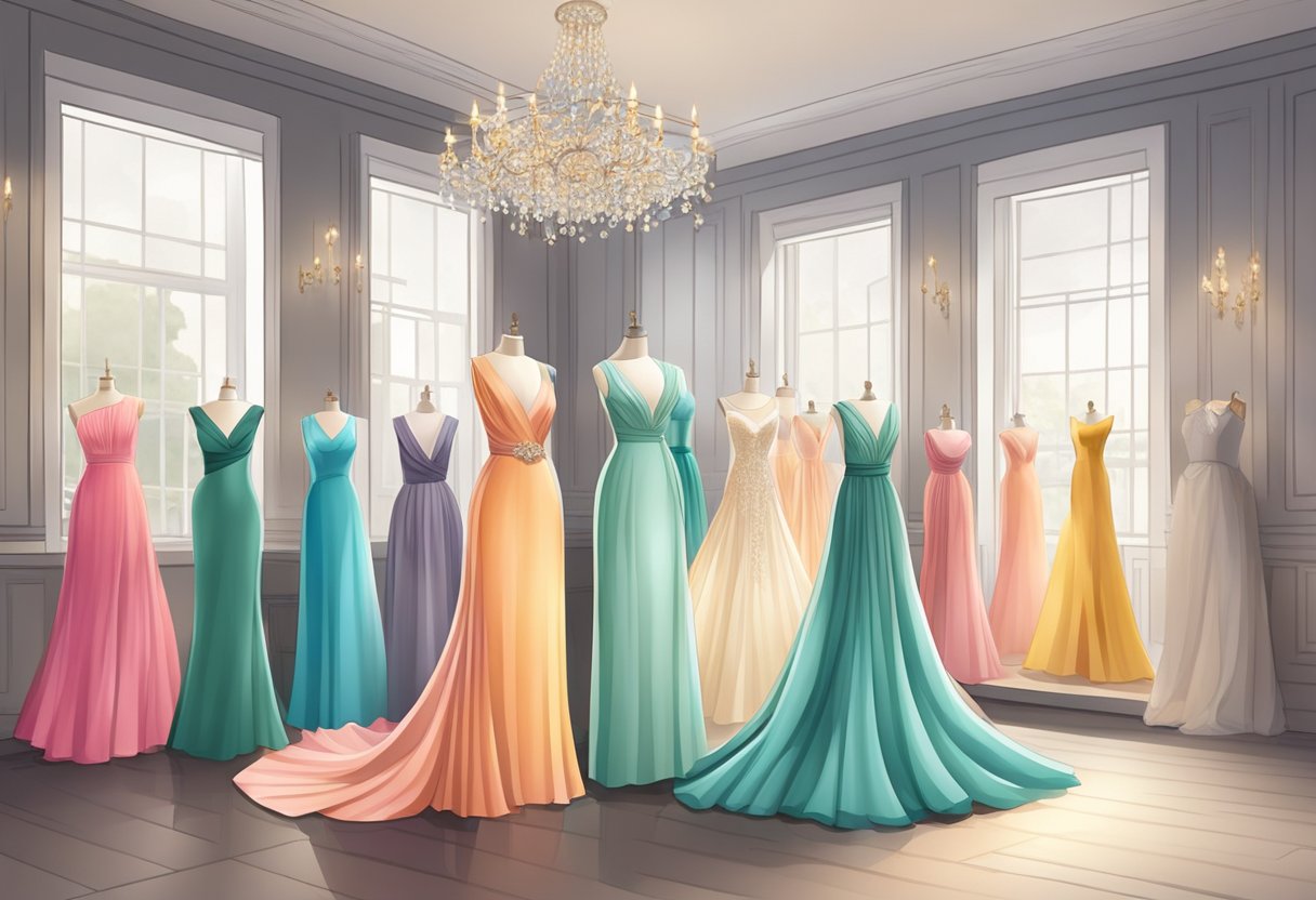 A colorful array of elegant gowns on display in a spacious boutique, with soft lighting and luxurious fabrics