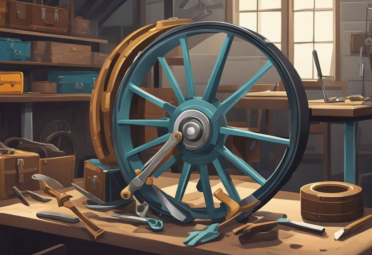 A broken luggage wheel being repaired with tools in a workshop setting