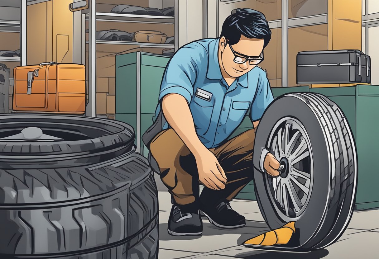 A technician replaces a broken luggage wheel at a repair shop in Singapore