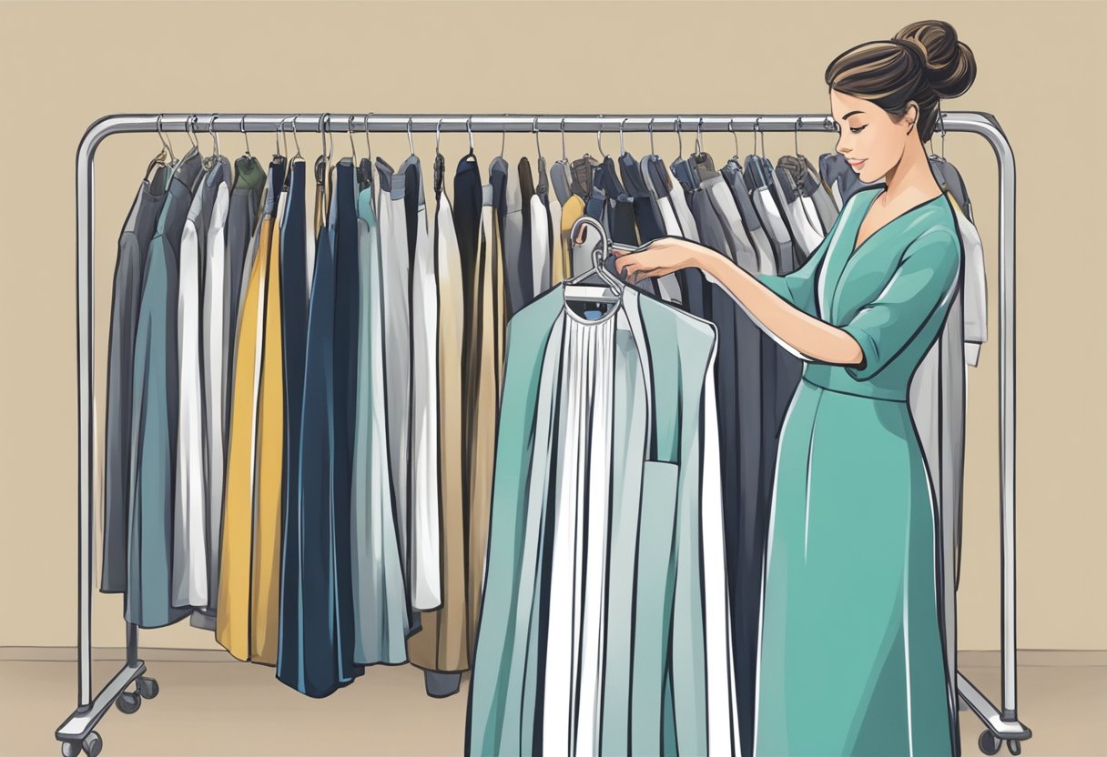 A customer selects a gown from a rack. The attendant scans the barcode and hands over the gown in a garment bag