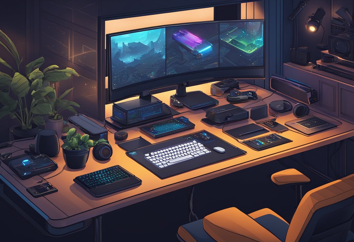 The Steam Deck sits on a sleek, modern desk in a dimly lit room, surrounded by gaming peripherals and a high-resolution monitor