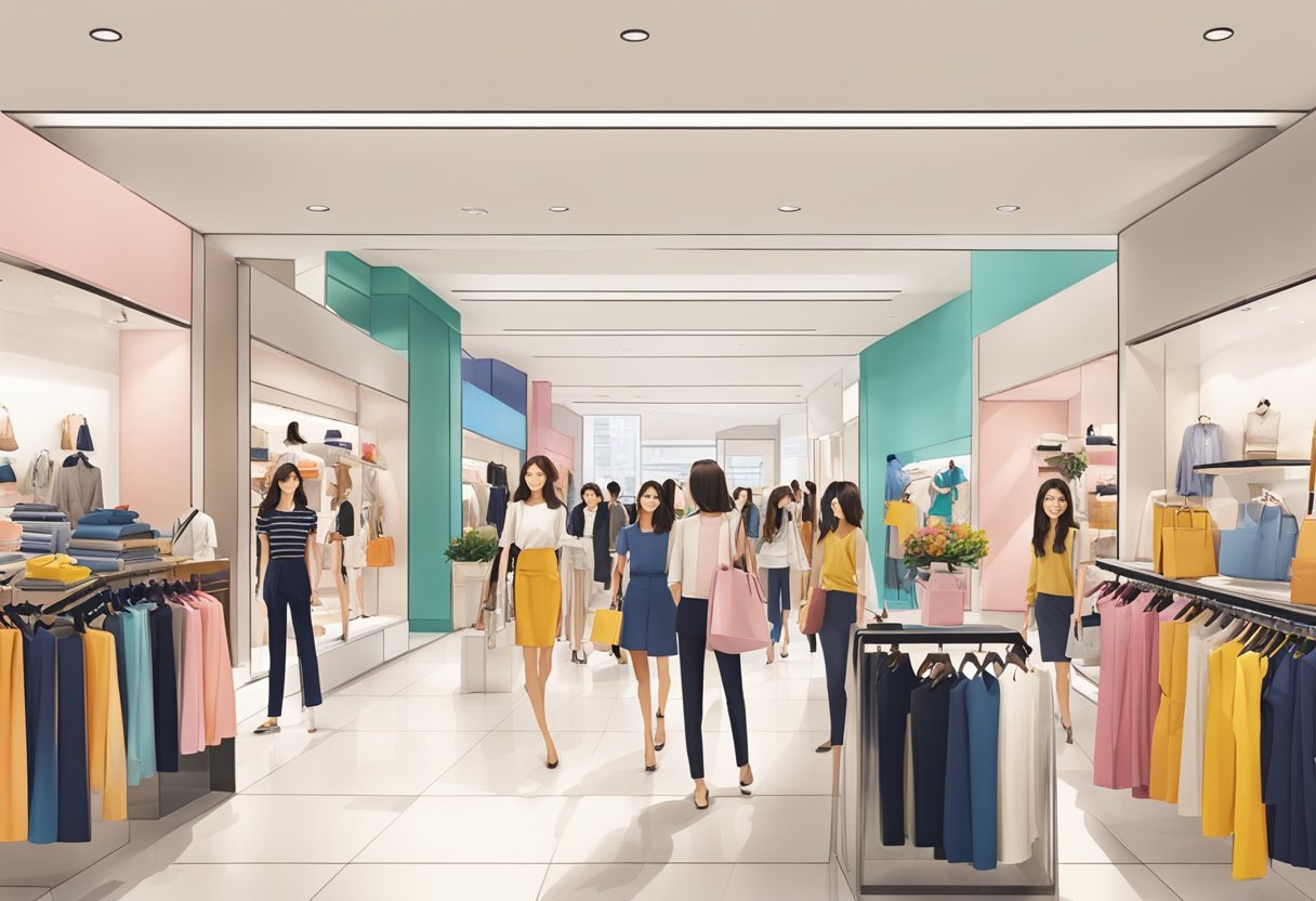 A bustling scene at Mango Singapore outlets, with colorful displays, busy shoppers, and stylish mannequins showcasing the latest fashion trends