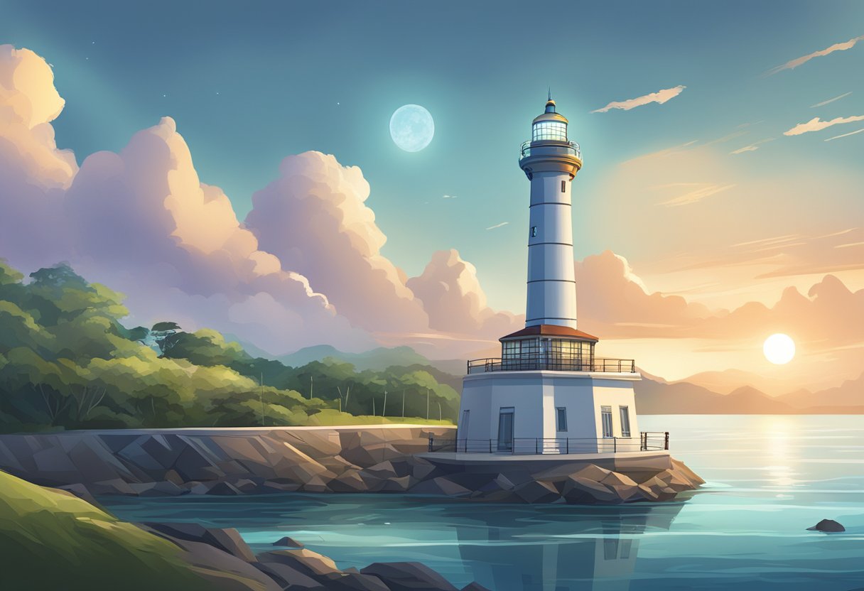 A modern lighthouse in Singapore, with sleek, high-tech navigation equipment and a powerful beacon shining out over the water