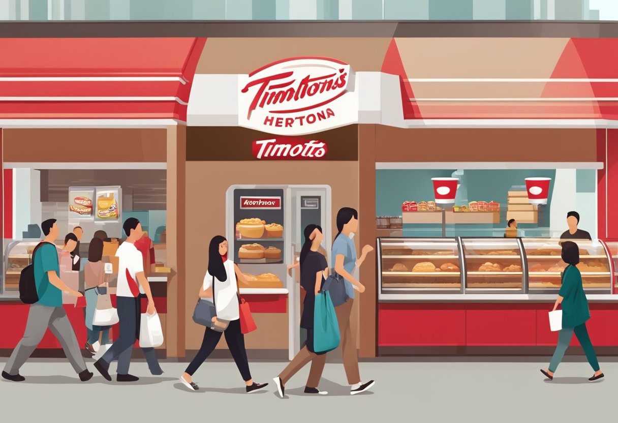 Customers entering a modern, bustling Tim Hortons in Singapore, with the iconic red and white branding, and the familiar aroma of freshly brewed coffee and baked goods filling the air