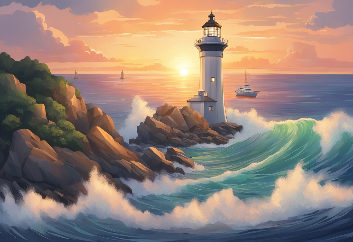 The lighthouse in Singapore stands tall against a vibrant sunset, with waves crashing against the rocks below. The beacon emits a steady glow, guiding ships safely to shore