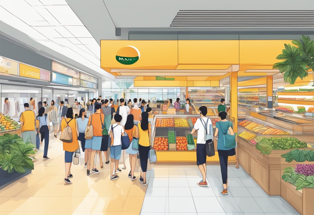 A bustling Mango outlet in Singapore, with vibrant displays and shoppers browsing the latest fashion