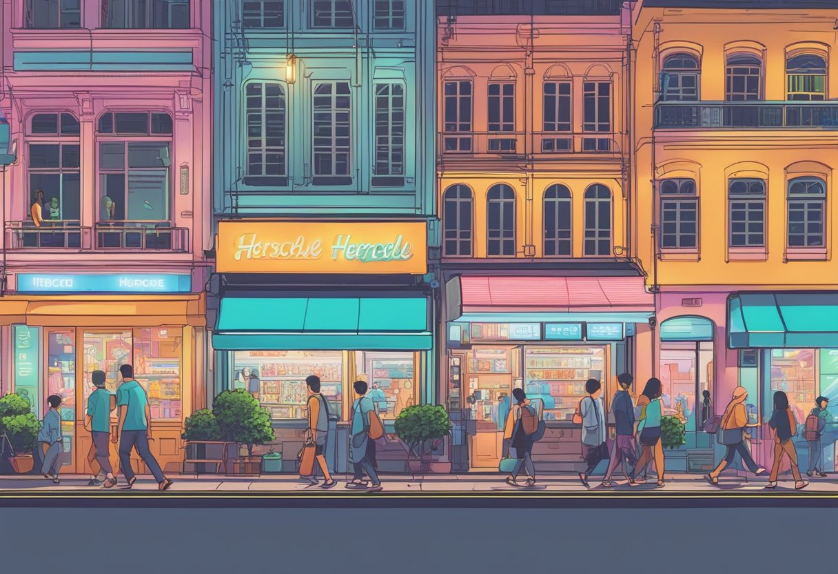 A bustling street in Singapore with iconic Herschel storefront and colorful displays. Pedestrians walk by under the glow of neon signs