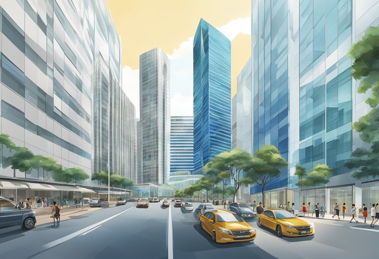 The bustling streets of Singapore surround the modern and sleek building of the Ministry of Trade and Industry, with its clean lines and reflective glass facade