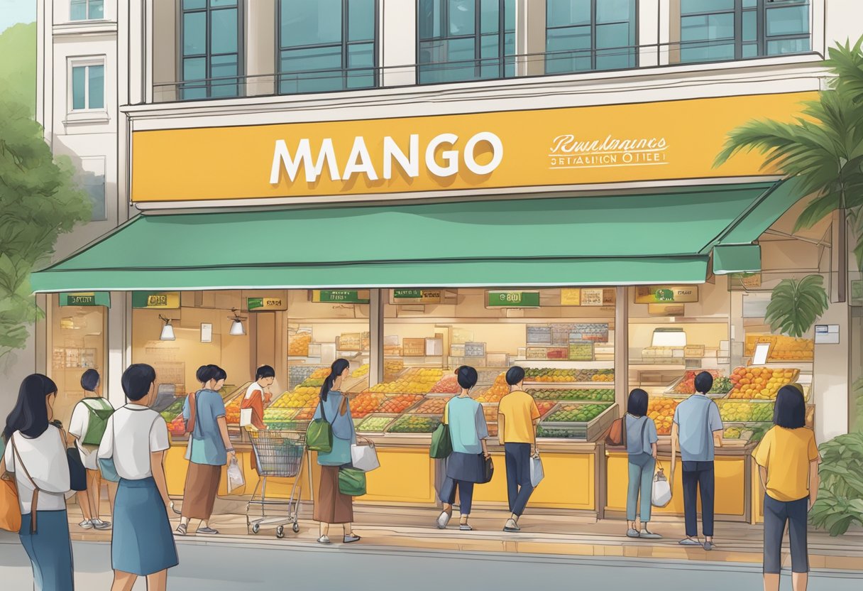 A bustling mango outlet in Singapore with customers browsing, staff assisting, and a prominent FAQ section displayed