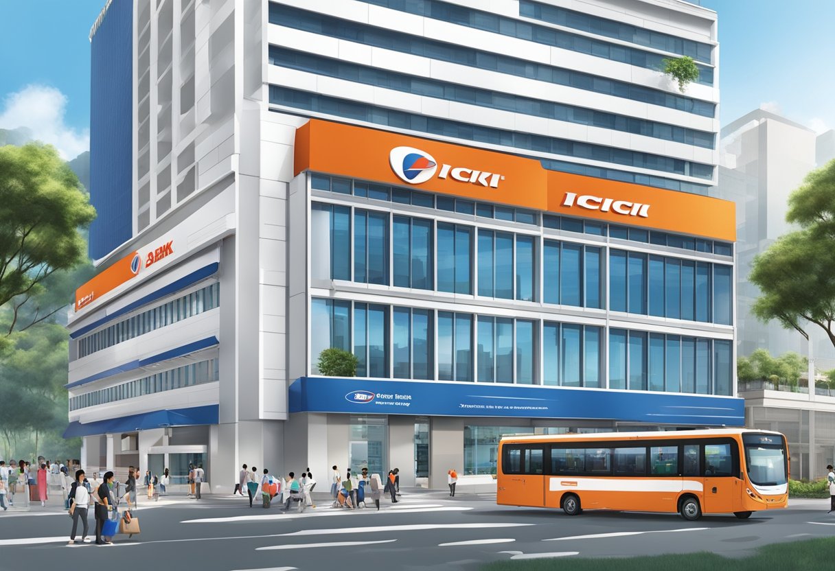 The ICICI Bank Singapore branch is bustling with customers and staff, with the iconic blue and white logo prominently displayed on the building's exterior