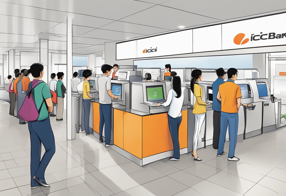 Customers line up at ICICI Bank Singapore, with tellers assisting at the counters and ATMs available for use. The modern and efficient bank interior reflects the city's advanced banking services