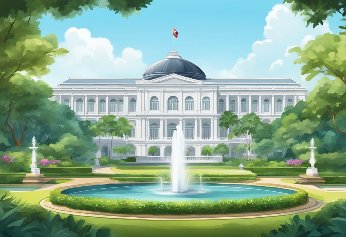 The Istana Singapore stands tall with its grand white facade and lush greenery, surrounded by a beautiful garden and a majestic fountain