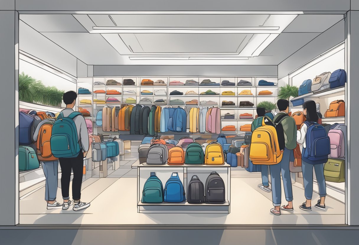 Herschel's iconic backpacks and accessories on display in a bustling Singapore storefront