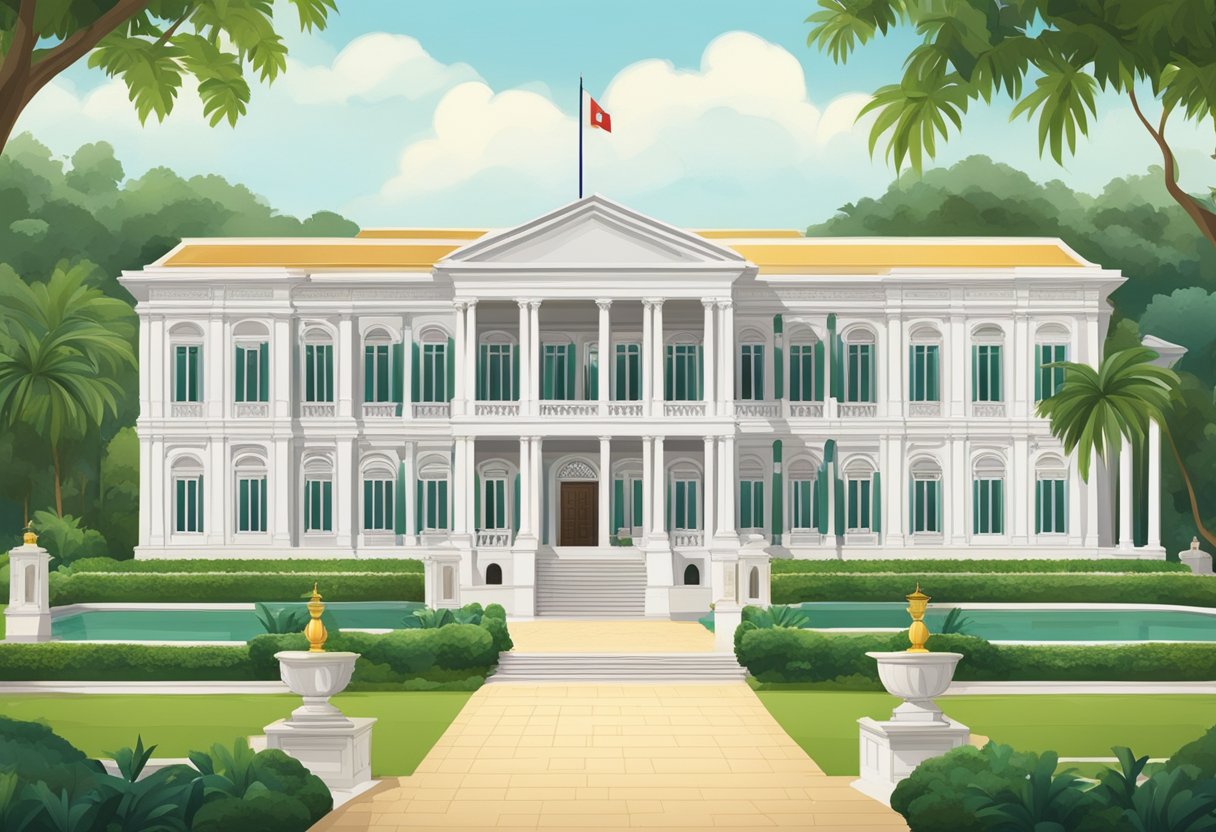 The Istana in Singapore showcases colonial architecture with grand columns and ornate detailing, surrounded by lush gardens and a pristine facade