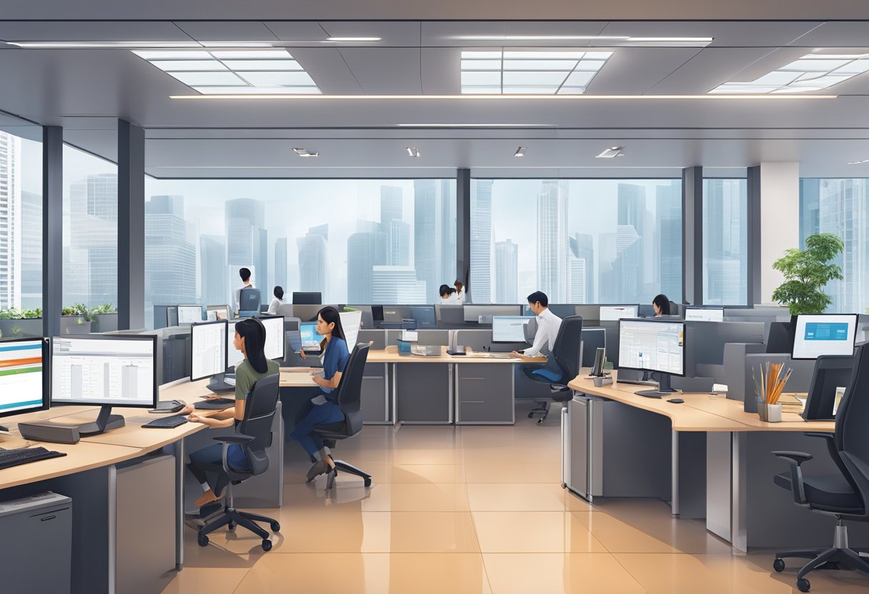 ICICI Bank Singapore: A modern office with employees at desks, serving customers, and conducting transactions. Digital screens display financial data and the bank's logo