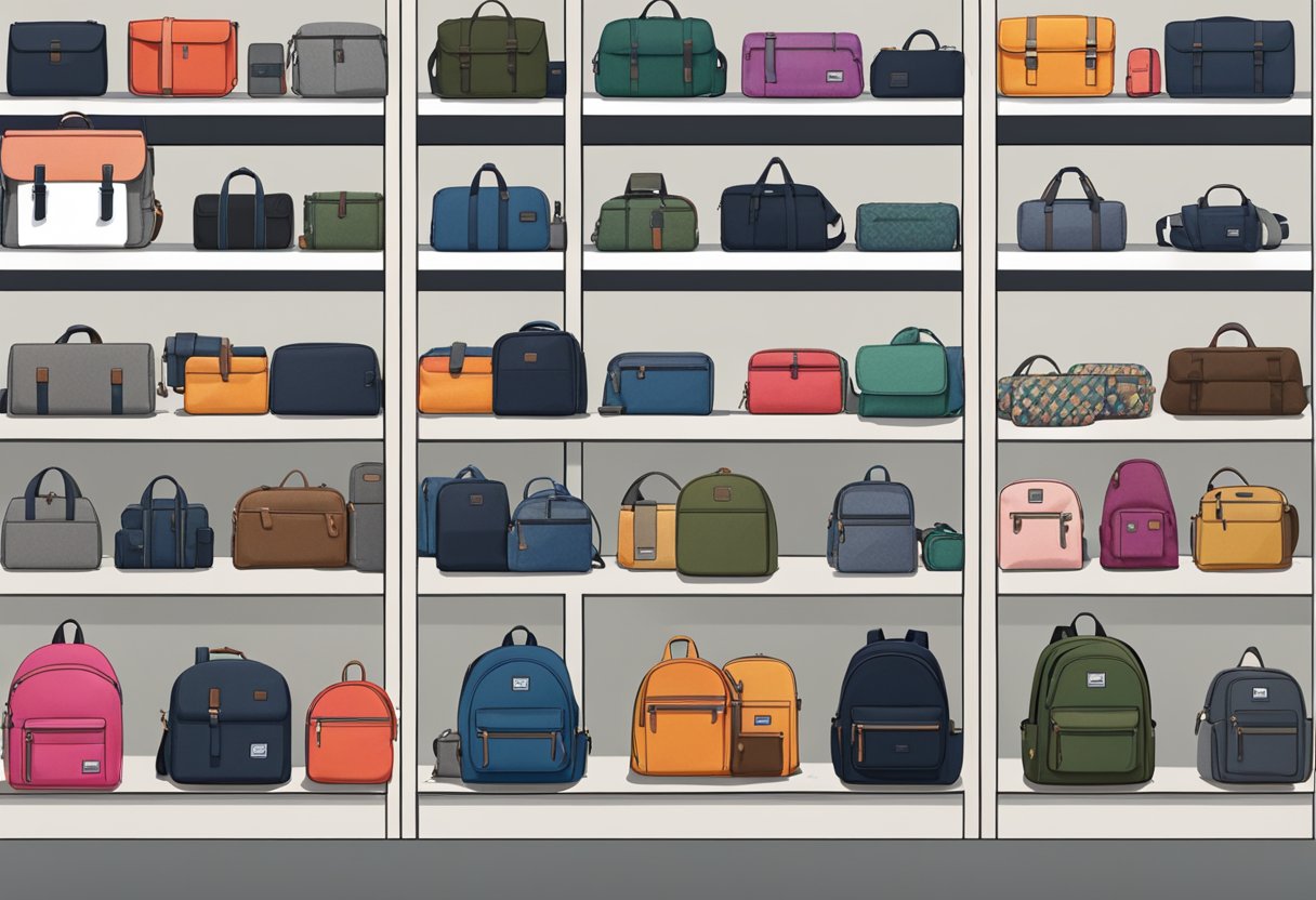 A display of popular Herschel products, including backpacks, wallets, and accessories, arranged neatly on shelves with the Herschel logo prominently displayed