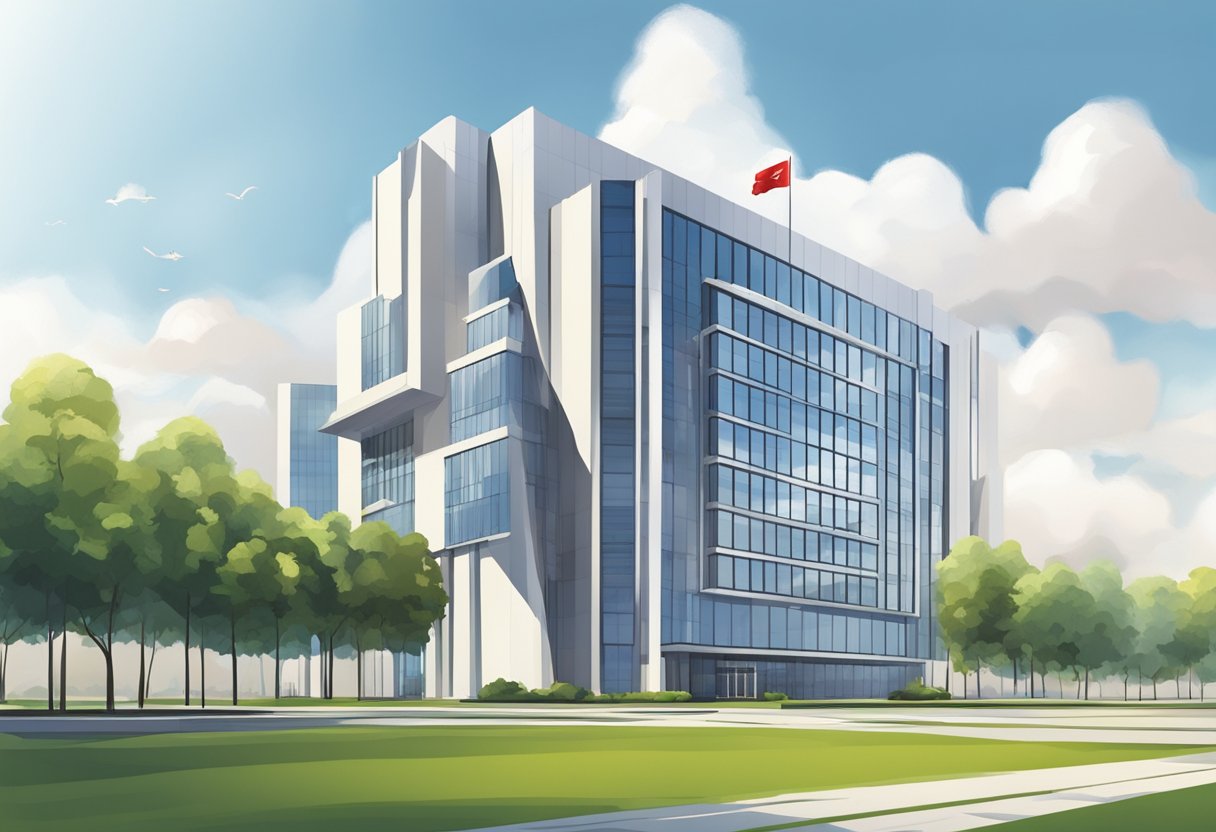 The ministry building stands tall, with the national flag flying proudly in the breeze. The modern architecture exudes professionalism and authority