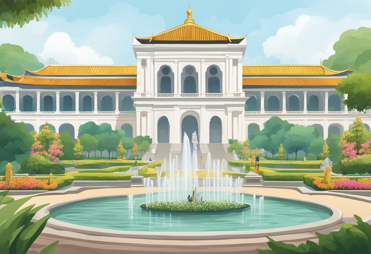 The Istana grounds feature lush gardens, grand architecture, and ceremonial spaces. Visitors stroll past fountains and statues, while peacocks roam freely