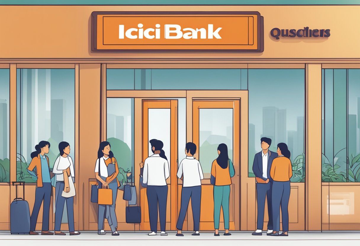 Customers lining up at the ICICI Bank Singapore branch, with a sign displaying "Frequently Asked Questions" prominently
