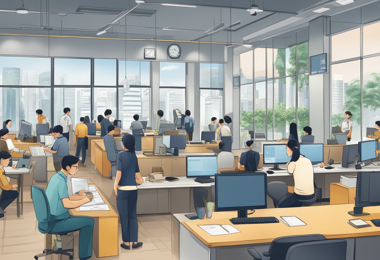 A bustling office with people seeking information, a sign reading "Frequently Asked Questions Ministry of Trade and Industry Singapore" prominently displayed