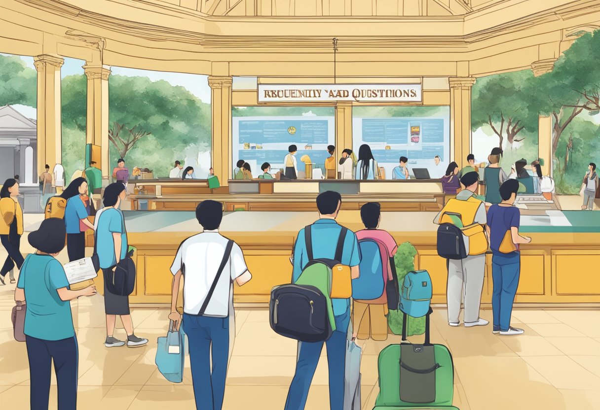 A bustling information counter with a sign reading "Frequently Asked Questions" at Istana Singapore, surrounded by tourists seeking guidance