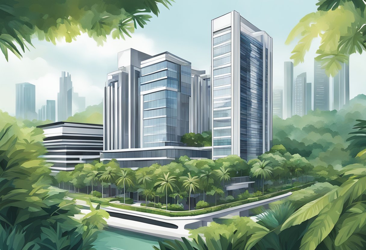 The iconic architecture of Hyatt Singapore rises against a backdrop of lush greenery, with its sleek lines and modern design standing out in the cityscape