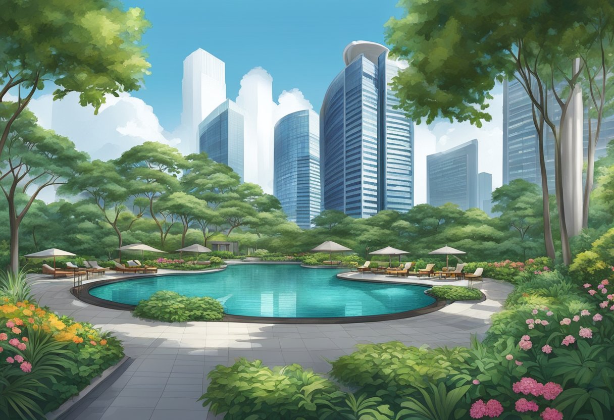 A lush garden with a winding pathway, surrounded by towering skyscrapers and a sparkling pool at the Hyatt Singapore